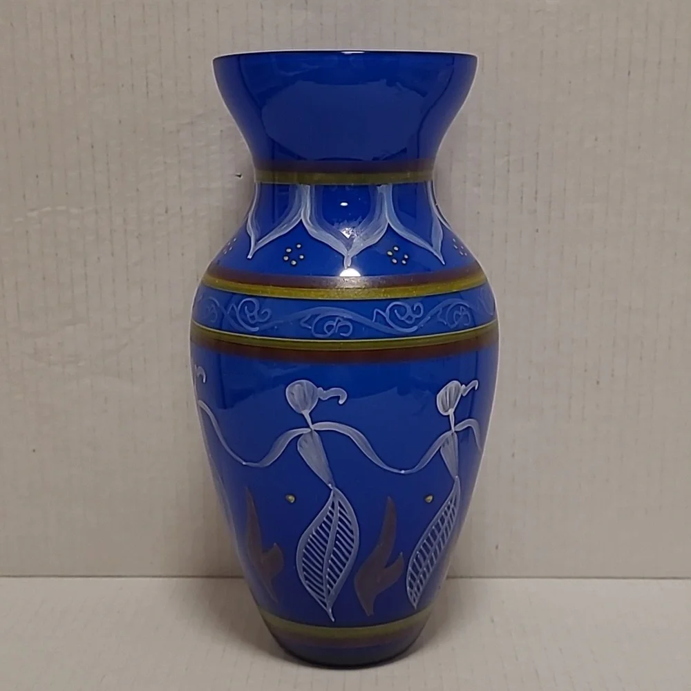 Vintage Colbalt Blue Handpainted Glass Vase